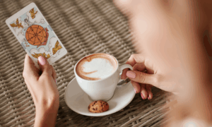 une femme avec une carte à la main et un café