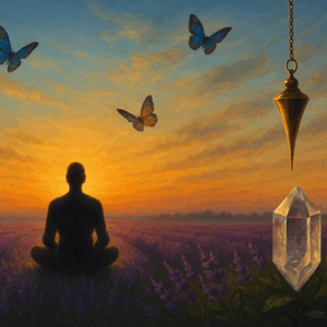 Lever de soleil spirituel sur un champ de lavande avec une silhouette méditative, des papillons et un pendule vibrant au-dessus d’un cristal.