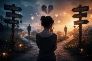 Photographie artistique et symbolique montrant une femme de dos au croisement de deux chemins de terre dans une campagne au crépuscule. À gauche, un poteau de direction en bois avec des flèches portant les mots "PASSION", "SÉCURITÉ" et "DOULEUR". À droite, un autre poteau avec "AMOUR VÉRITABLE", "PEUR" et "INCONNU". Au loin sur chaque chemin, une silhouette d'homme est floue. Au centre du ciel orageux, un grand cœur brisé est gravé, entouré de petits orbes lumineux flottants. La scène est éclairée par la lumière douce du soleil couchant et de nombreuses bougies allumées le long des chemins, créant une atmosphère sacrée et spirituelle.
