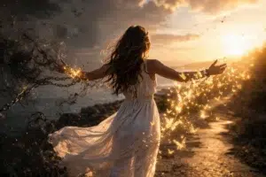 Femme de dos au coucher de soleil se libérant de chaînes sombres transformées en lumière et papillons dorés