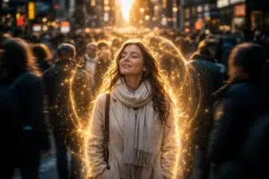 Femme sereine au milieu d’une foule urbaine, entourée d’une aura énergétique dorée lumineuse