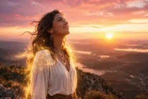 Photographie artistique en gros plan d'une jeune femme d'apparence bohème, debout au sommet d'une montagne. Elle a de longs cheveux bruns flottants, porte une blouse blanche légère et des bijoux de style amérindien, et un sourire serein illumine son visage alors qu'elle lève les yeux vers un ciel spectaculaire au coucher du soleil, rempli de nuages roses et orange. Une aura lumineuse et dorée, comme des filaments d'énergie statique ou de la magie, l'enveloppe au niveau de la poitrine. Tout autour d'elle, de petites lucioles ou orbes dorés brillent dans l'air. L'arrière-plan montre une vaste vallée montagneuse ornée de rivières, baignée par la lumière chaude et diffuse du soleil couchant.