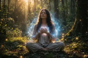 Photographie de style éditorial montrant une femme assise en tailleur en train de méditer dans une forêt baignée par la lumière du soleil. Elle a les yeux clos, les mains posées sur le cœur, et porte des vêtements amples de couleur claire. Une aura d'énergie bleue et lumineuse, semblable à des filaments d'électricité statique ou de la magie, l'enveloppe au niveau de la poitrine. Tout autour d'elle, de petites lucioles ou orbes dorés brillent dans l'air et sur le sol moussu de la forêt.