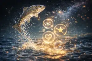 Poisson sautant hors de l’eau entouré de bulles lumineuses avec symboles spirituels dans un univers étoilé