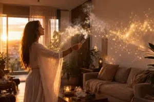Femme pratiquant une purification énergétique avec de la sauge, diffusant une fumée lumineuse dans un salon chaleureux au coucher du soleil