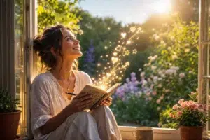 Photographie lumineuse d'une jeune femme souriante assise sur le rebord d'une fenêtre ouverte, tenant un carnet ouvert. De ses pages s'échappe une gerbe magique d'étincelles dorées, de cœurs et d'étoiles scintillantes qui s'élèvent vers le ciel. L'arrière-plan montre un jardin ensoleillé et fleuri, baigné par une lumière dorée et douce.