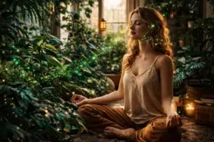 Femme méditant entourée de plantes avec des particules lumineuses vertes symbolisant l’énergie naturelle et l’harmonie intérieure