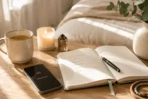 Carnet ouvert avec mots inspirants, smartphone en mode silencieux, bougie allumée et tasse chaude sur une table de chevet dans une ambiance douce et apaisante.