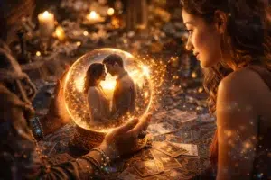 Boule de cristal montrant un couple amoureux lors d’une séance de voyance avec cartes de tarot et ambiance chaleureuse