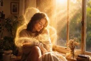 Femme assise près d’une fenêtre s’enlaçant elle-même, entourée d’une aura lumineuse dorée symbolisant l’amour de soi