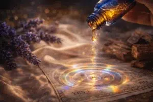Goutte d’huile dorée tombant d’un flacon sur un support divinatoire avec cercles lumineux et arc-en-ciel