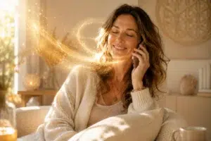 Femme souriante parlant au téléphone dans un intérieur lumineux, entourée d’une lumière dorée symbolisant une connexion spirituelle et intuitive.