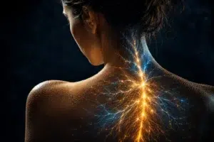 Vue arrière d’une femme avec une énergie lumineuse bleue et dorée circulant le long de sa colonne vertébrale dans une ambiance mystique sombre.