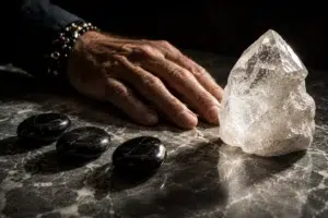 Main posée près d’un grand cristal de quartz blanc et de trois galets noirs sur une table en marbre sombre éclairée en clair-obscur.