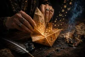 Mains ornées de bagues pliant un origami ancien couvert de symboles ésotériques, d’où s’échappent des particules lumineuses dorées.