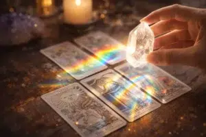Main tenant un cristal transparent projetant un arc-en-ciel sur des cartes de tarot disposées sur une table en bois