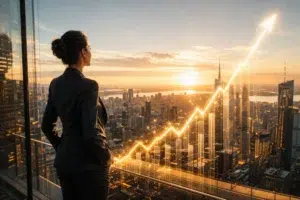 Femme d’affaires regardant une ville au coucher du soleil avec un graphique lumineux en forte croissance symbolisant le succès et l’évolution