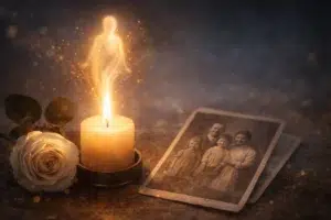 Bougie allumée avec une silhouette lumineuse s’élevant de la flamme à côté d’une photo ancienne de famille et d’une rose