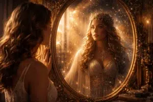 Femme regardant son reflet royal dans un miroir magique lumineux avec couronne et ambiance dorée féerique
