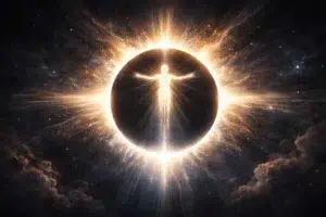 Silhouette lumineuse humaine au centre d’une éclipse entourée d’une explosion de lumière cosmique