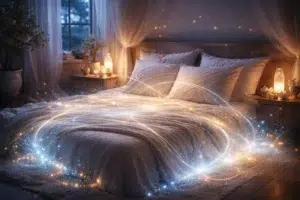 Lit cosy illuminé par des filaments d’énergie lumineuse dans une chambre apaisante de nuit