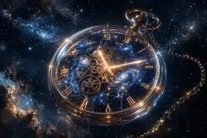 Montre à gousset transparente révélant des galaxies et mécanismes dans un univers étoilé