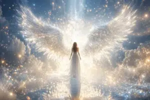 Silhouette féminine entourée d’ailes lumineuses géantes dans un ciel céleste éclatant