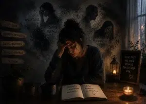 Illustration sombre représentant une femme épuisée émotionnellement, assise la tête dans la main, entourée de mots évoquant le stress, la charge mentale, les conflits et la tristesse.