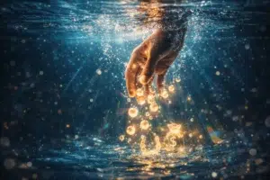 Main immergée dans l’eau laissant s’échapper des bulles dorées avec des symboles de chance et d’abondance lumineux