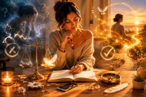 Femme écrivant dans un carnet entourée de symboles spirituels, avec une scène contrastant confusion et clarté pour illustrer la recherche de réponses et de guidance.