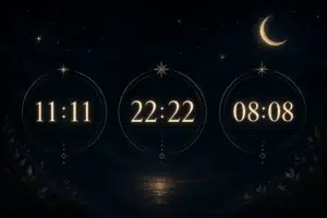 Illustration nocturne représentant trois heures miroirs lumineuses – 11:11, 22:22 et 08:08 – sous un ciel étoilé avec lune croissante.