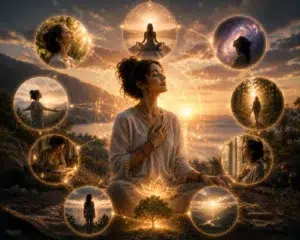 Femme méditant au centre d’une composition lumineuse entourée de scènes symbolisant introspection, transformation personnelle et éveil spirituel.