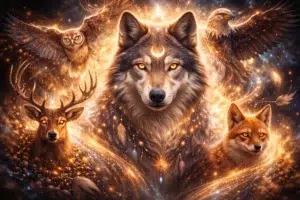 Loup lumineux entouré d’animaux totems comme hibou, aigle, cerf et renard dans une ambiance mystique dorée