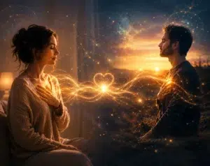 Deux personnes les yeux fermés, reliées par un flux lumineux et un symbole de cœur, illustrant une connexion émotionnelle et énergétique à distance.