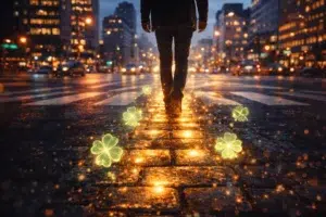 Personne marchant sur une rue illuminée en ville avec des trèfles lumineux symbolisant la chance sur le sol
