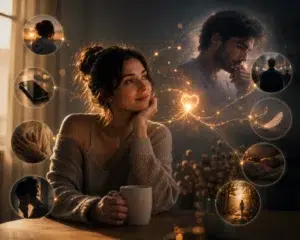 Femme rêveuse tenant une tasse, entourée de symboles et scènes évoquant une connexion émotionnelle et la pensée d’une personne à distance.