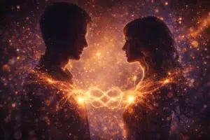 Deux silhouettes face à face reliées par une énergie lumineuse en forme d’infini entre leurs cœurs