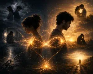 Illustration symbolique d’un homme et d’une femme dos à dos reliés par une énergie lumineuse, représentant une relation karmique faite de lien intense, séparation et transformation.