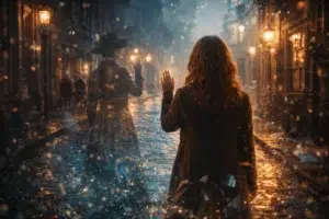 Femme faisant face à une silhouette translucide dans une rue ancienne éclairée la nuit