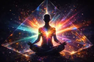 Silhouette en méditation entourée d’un prisme lumineux avec une explosion d’énergie multicolore au niveau du cœur