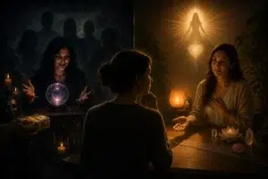 Illustration comparant deux consultations spirituelles : à gauche une scène sombre avec une voyante manipulatrice et une boule de cristal, à droite une consultation lumineuse et bienveillante symbolisant l’écoute et la guidance sincère.