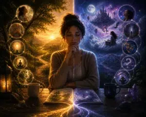 Femme en réflexion devant un paysage partagé entre lumière et univers onirique, illustrant la différence entre intuition profonde et imagination mentale.