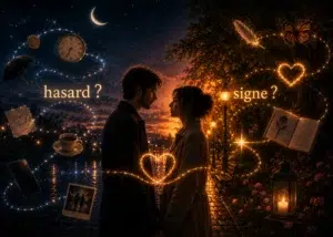 Illustration romantique montrant un couple face à face au coucher du soleil, entouré de symboles lumineux et des mots « hasard ? » et « signe ? », évoquant les synchronicités amoureuses.