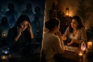 Illustration divisée en deux montrant à gauche une femme stressée au téléphone dans une ambiance sombre liée à la voyance audiotel, et à droite une consultation privée chaleureuse et apaisante avec une praticienne attentive.