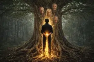 Personne de dos devant un grand arbre avec des visages d’ancêtres dans le tronc et une énergie lumineuse circulant entre les racines et ses mains