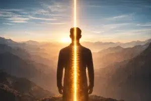 Silhouette de dos face à des montagnes au lever du soleil avec une colonne de lumière dorée le long de la colonne vertébrale