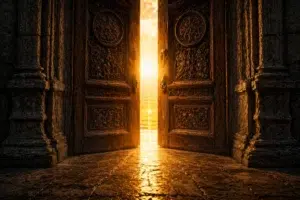 Grande porte ancienne entrouverte laissant passer une lumière dorée intense vers un paysage lumineux au loin