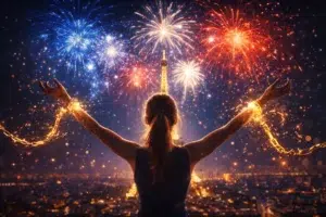 Silhouette féminine de dos levant les bras devant des feux d’artifice avec des chaînes brisées aux poignets au-dessus d’une ville illuminée