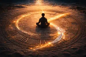 Personne méditant au centre d’un cadran d’horloge avec des flux lumineux représentant le temps en mouvement