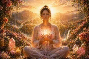 Femme en méditation au lever du soleil, mains sur le cœur, entourée de fleurs et de cristaux avec une lumière dorée rayonnante